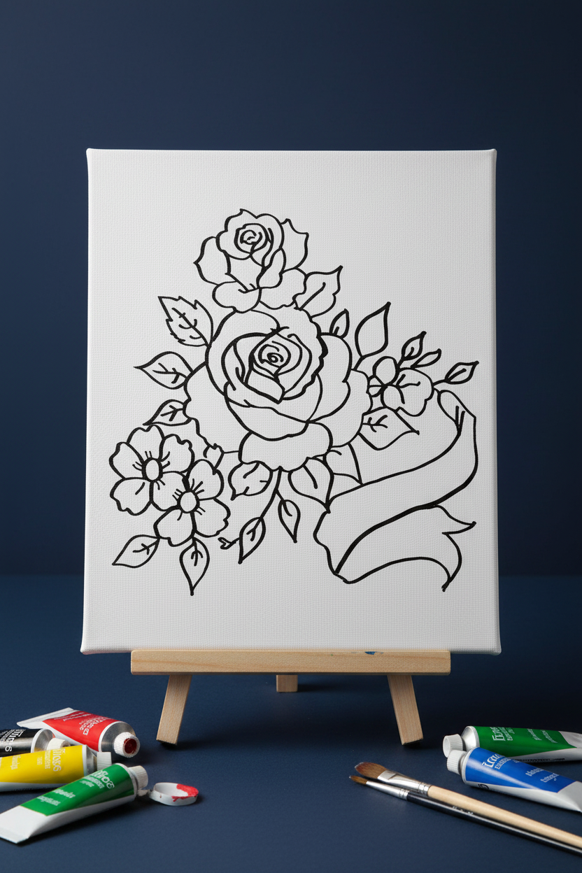 Floral Rose | Pre-Drawn Canvas & Paint Kit | 8x10 Ready to Paint | Paint & Sip Activity